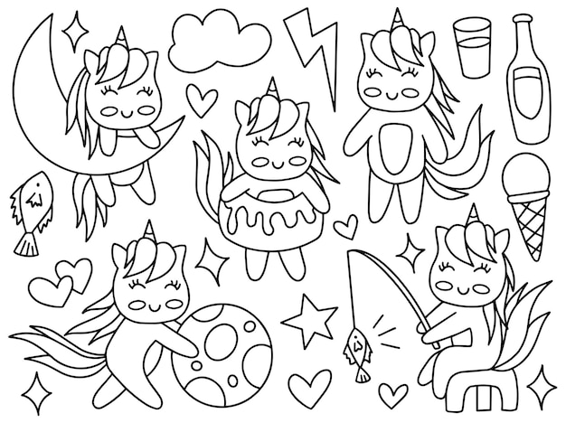 Set of Cute Unicorn Doodle Line Art Collection