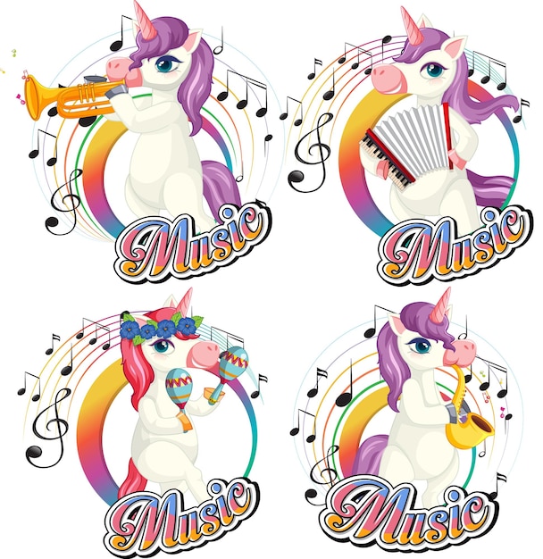 Set cute unicorn playing musical instruments with music notes on