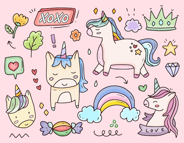 Set of cute unicorn sticker cartoon doodle drawing set collection