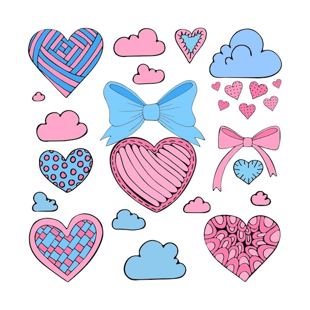 A set of cute Valentine cards in pink and blue Love hearts in the clouds Romantic flat illustration Hand drawn vector simple graphics Isolated doodle design element