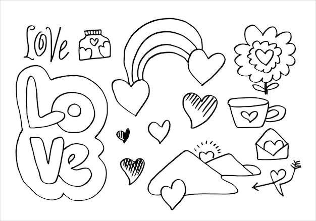 Set of cute Valentine day doodle elements Hearts flowers tea cup hill and more Vector illustration for your design