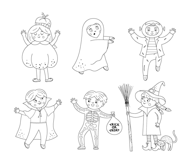 Set of cute vector black and white Halloween characters Children in scary costumes