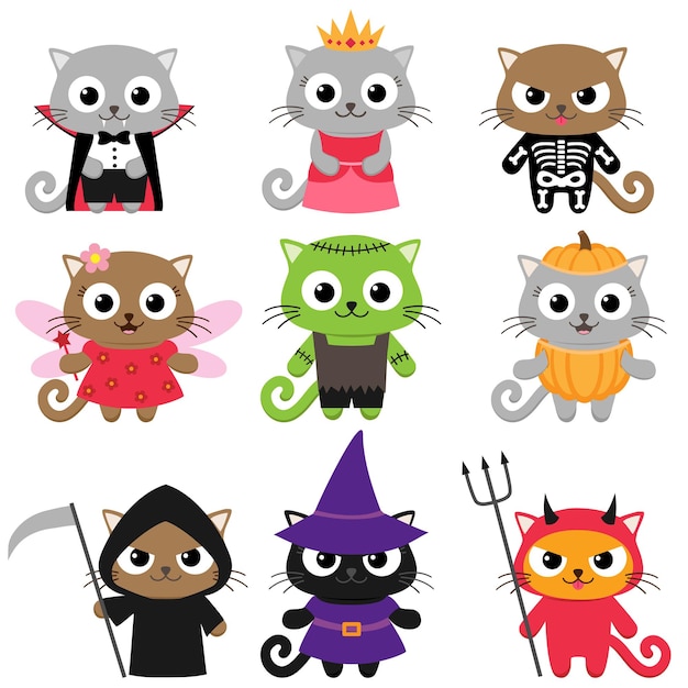 Set of cute vector cats in different Halloween costumes