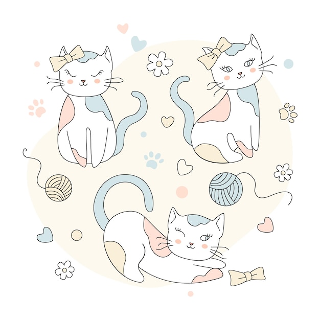 Set of cute vector playful kitten girls.