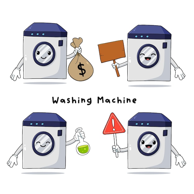 Set of cute washing machine cartoon mascot characters