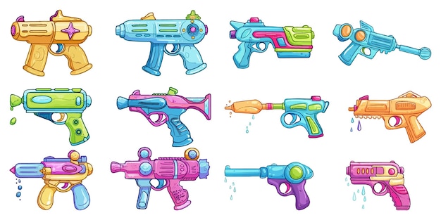 Set of cute water guns on white background