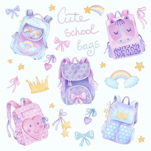 Vector set of cute watercolor school bags with stylized hand drawn elements and lettering