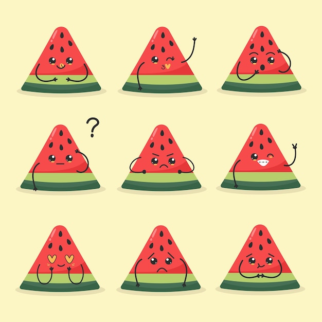 set of cute watermelon character with facial expressions