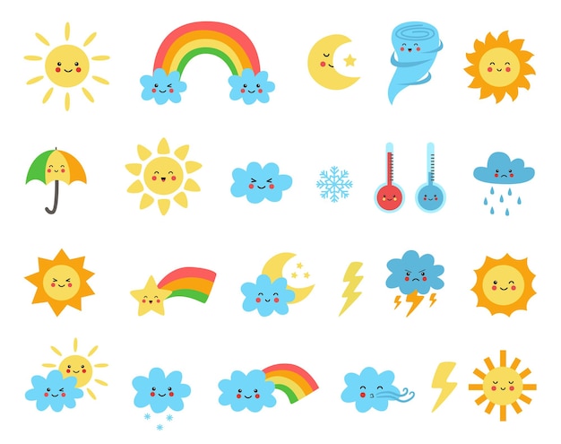 Set of cute   weather elements in cartoon style. Collection of childish illustrations.