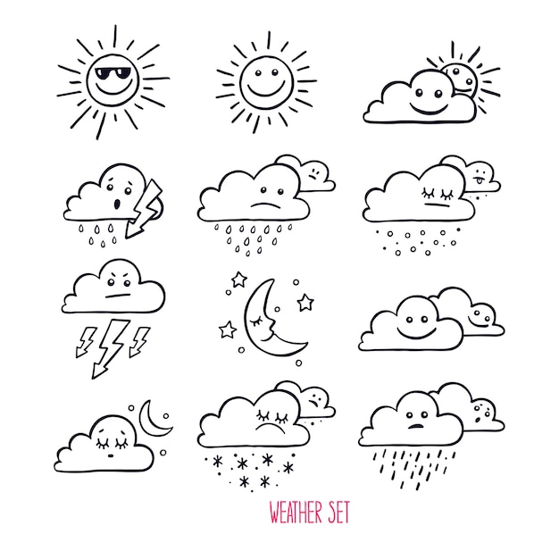 Set of cute weather icons. hand-drawn illustration