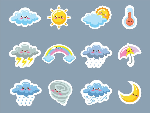 Vector set of cute weather icons sticker style cartoon character and illustration