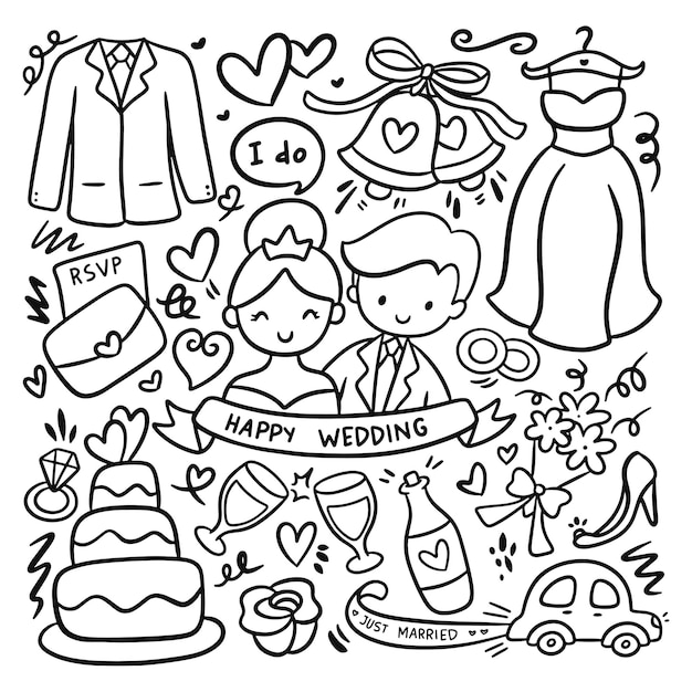 Set of cute wedding doodle vector illustration