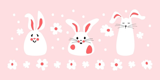 Set of cute white rabbits with flowers easter bunnies for printing on kids products stickers and