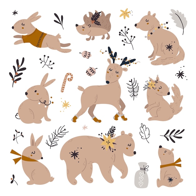 Set of cute woodland animals packing with Christmas decorations.