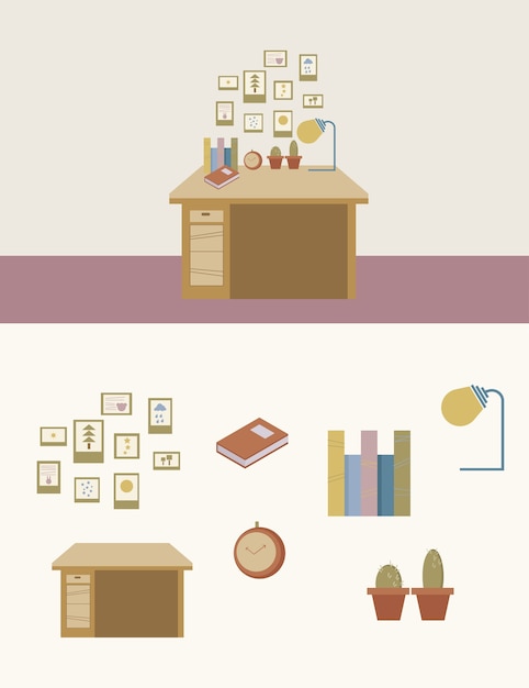 Set of cute work room vector.