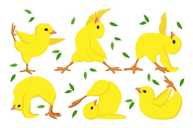 Set of cute yellow funny chicks in gymnastic positions Print