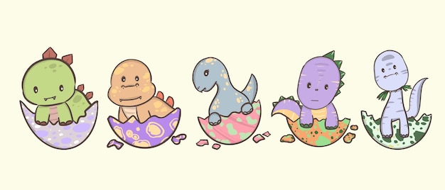 Set of cute young dinosaur or dragon with eggs