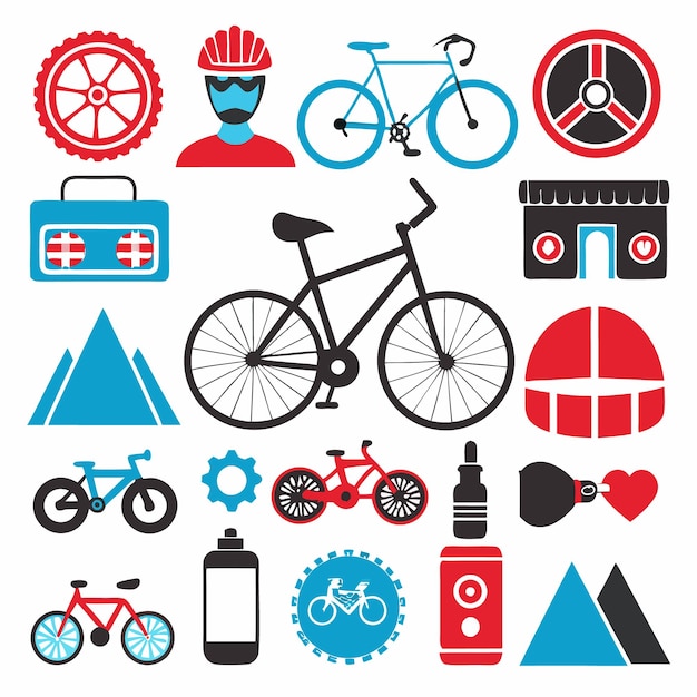 Vector set of cycling icons includes bicycle helmet bike shop mountain and more