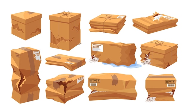 Set Of Damaged Cardboard Boxes With Various Sizes And Shapes with Signs Of Wear And Tear Holes Wrinkles Illustration