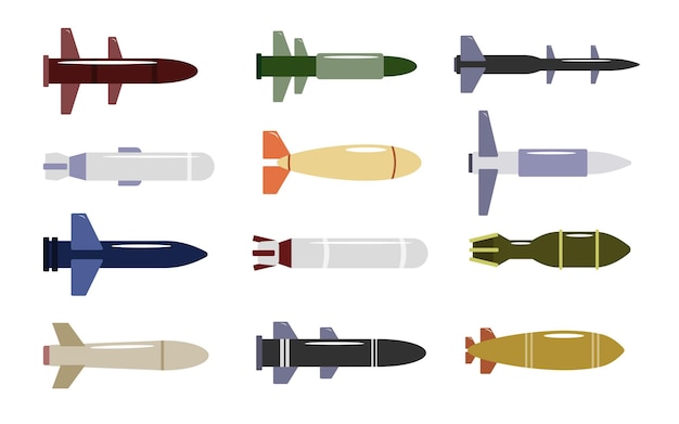 Vector set of dangerous missiles in cartoon style vector illustration of military strategic weapons such as airtoair air defense bombs ballistic and cruise missiles on white background