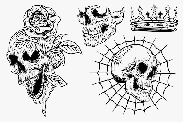 Set Dark illustration Skull Head Bones Hand drawn Hatching Outline Style for Tattoo Merchandise Tshirt Merch vintage