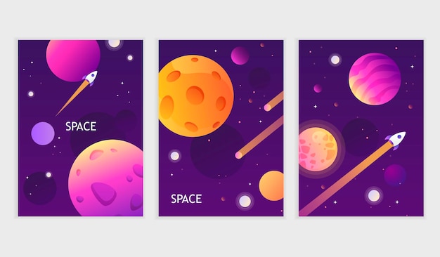 Set of dark space cards. Universe. Galaxy planets and stars