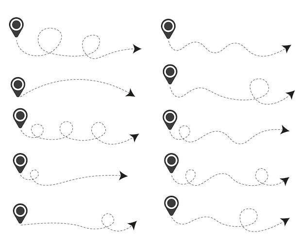 Set of dashed line arrows with location icon