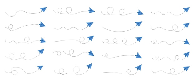 Vector set of dashed line paper airplane route