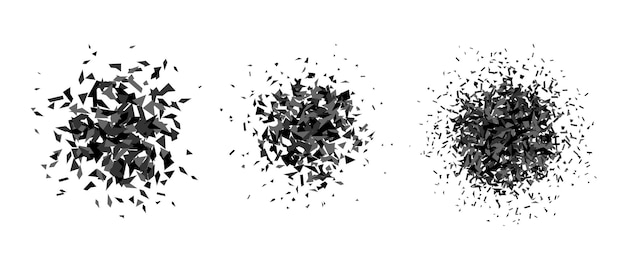 Set of debris and shatters in radial shape Black and grey broken smashed pieces specks speckles