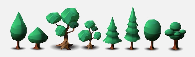 Set of deciduous and coniferous trees isolated on a white background.