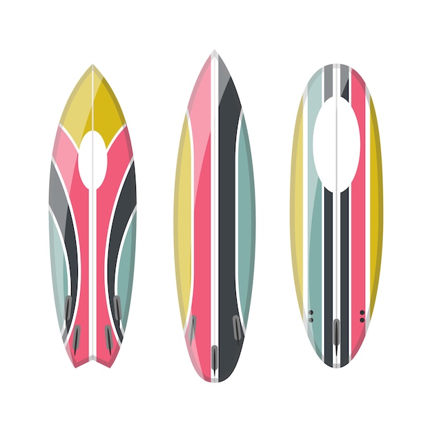 set of decorated colorful surfboards