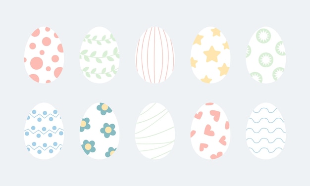 Set of decorated Easter eggs Various ornaments hearts stars dots lines flower Pastel colours