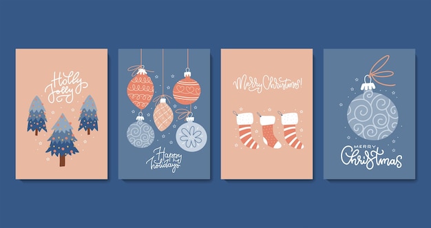 Vector set of decorative christmas cards in minimalistic scamdinavian style simple compositions with christ...