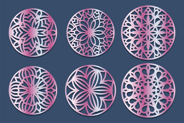 Set decorative circle coaster for laser cutting. Round abstract geometric coaster card.Laser cut de