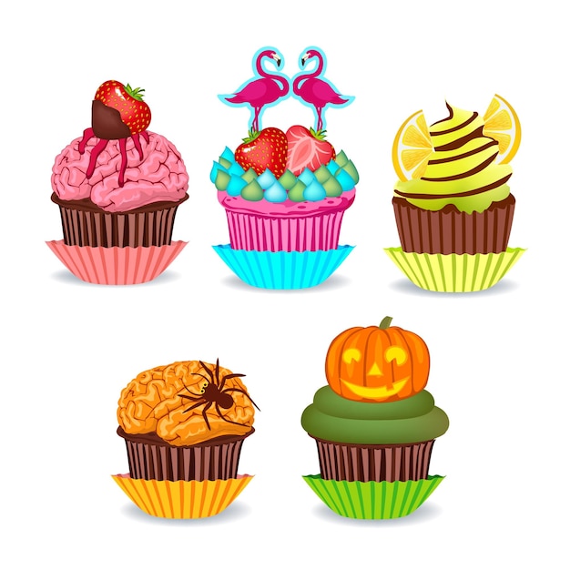 Set of decorative cupcakes with fruits and cream Halloween cupcake with cream in the form of brain