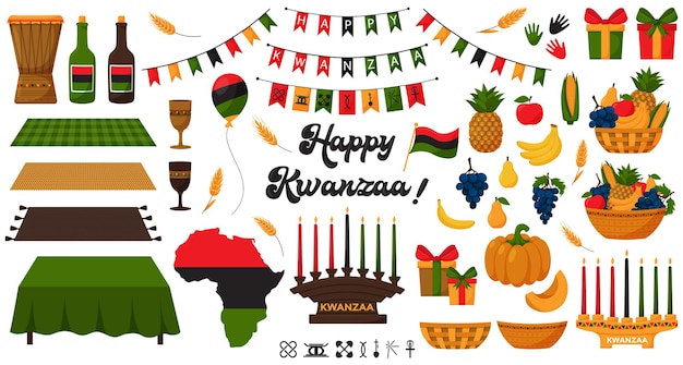 Set of decorative elements for traditional African American holiday Kwanzaa Candleholder Kinara fruits gift boxes mkeka drum unity cup flags signs of principles Isolated vector illustrations