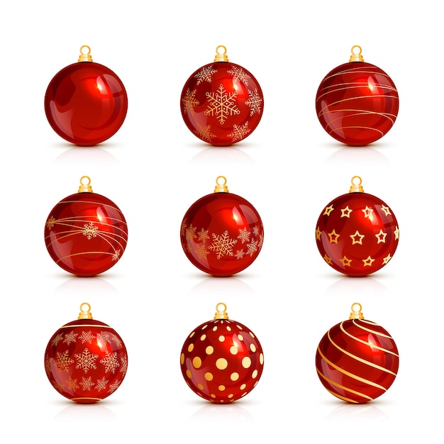 Set of decorative red Christmas balls isolated on white background, illustration.