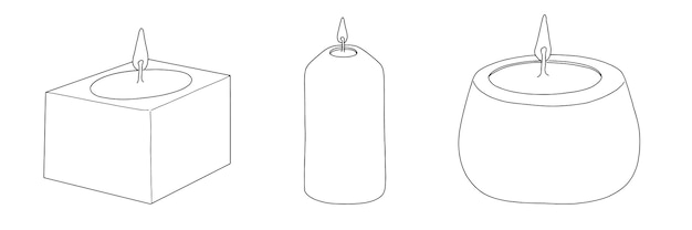 Set of decorative scented wax burning candles with fire linear sketch doodle