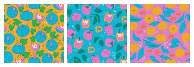 Set of decorative seamless patterns of fruits and vegetables bell pepper tangerine pumpkin