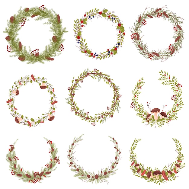 Set of decorative wreaths of branches leaves mushrooms berries and cones Vector illustration on white background