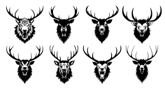 Set of deer heads with open mouth and bared fangs with different angry expressions of the muzzle Symbols for tattoo emblem or logo isolated on a white background