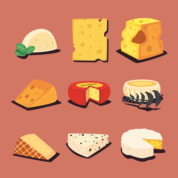 Set of delicious cheeses types