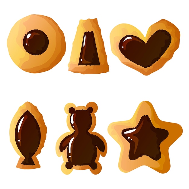 a set of delicious cookies with chocolate filling of different shapes