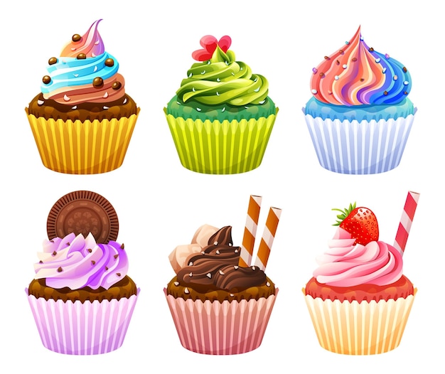 Set of delicious cupcakes cartoon illustration