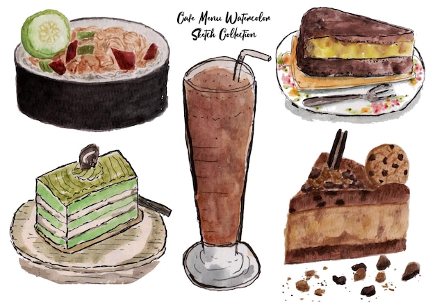 a set of delicious food and drink watercolor sketch