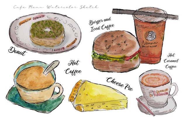 a set of delicious food and drink watercolor sketch