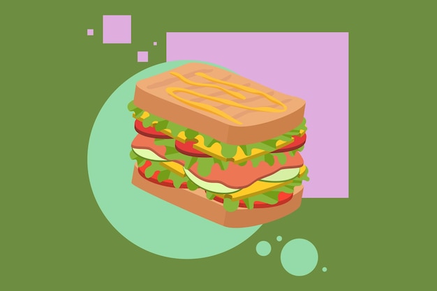 Set of delicious juicy sandwiches filled with vegetables, cheese, meat, bacon. Vector illustration