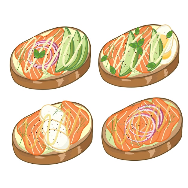 Set of delicious Open sandwich filled with vegetables meat bacon Vector in cartoon style