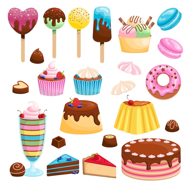 Set of delicious sweets Vector illustration of chocolates cakes and ice cream