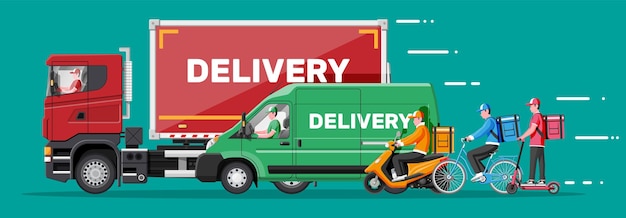 Set of delivery man on van truck scooter motorbike bicycle Fast and free delivery in city Male courier with parcel box with goods products food Cargo logistic Cartoon flat vector illustration